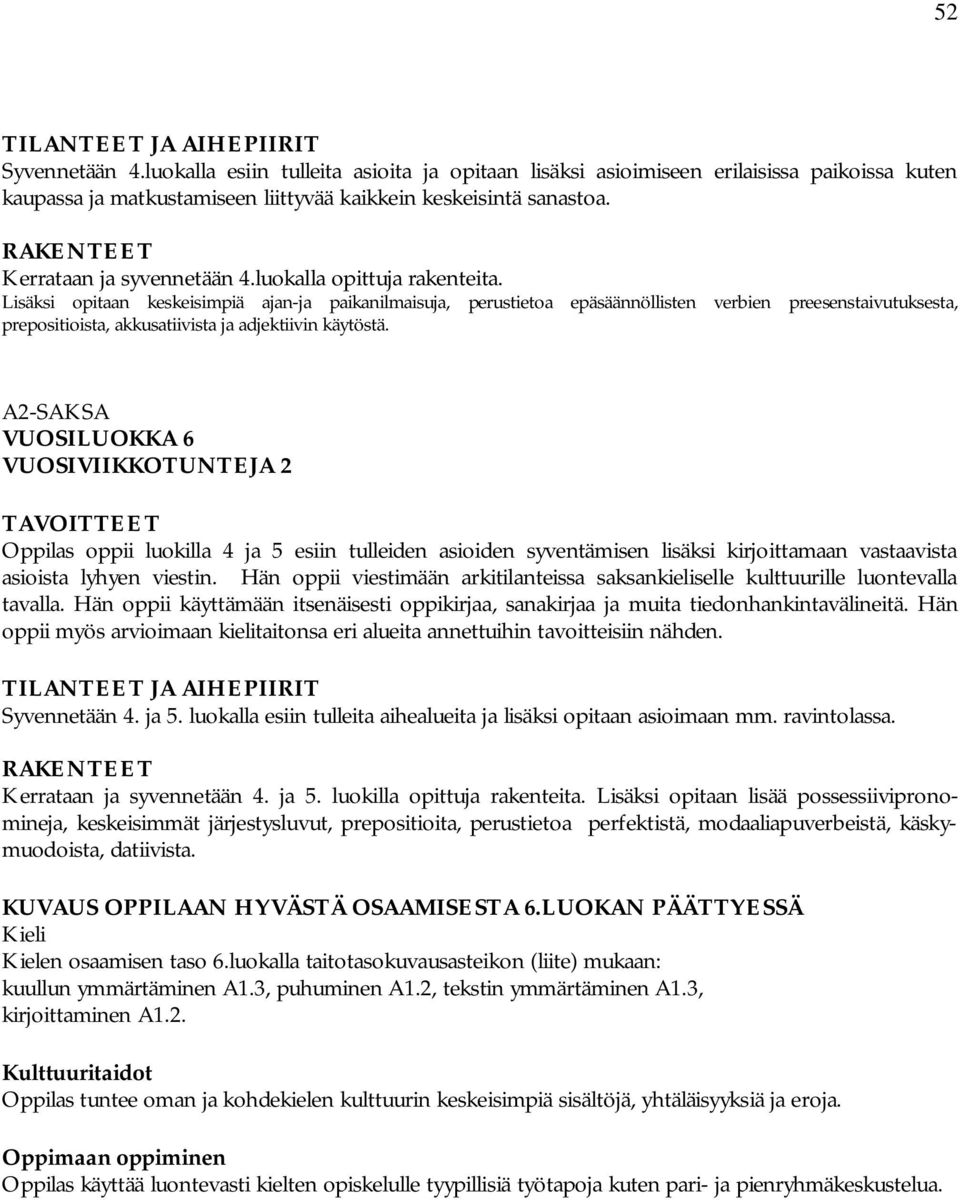 Lisäksi opitaan keskeisimpiä ajan-ja paikanilmaisuja, perustietoa epäsäännöllisten verbien preesenstaivutuksesta, prepositioista, akkusatiivista ja adjektiivin käytöstä.