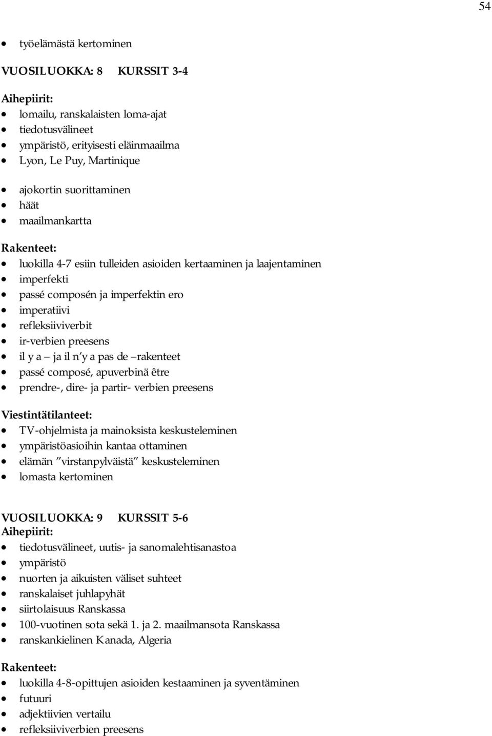 ja il n y a pas de rakenteet passé composé, apuverbinä être prendre-, dire- ja partir- verbien preesens Viestintätilanteet: TV-ohjelmista ja mainoksista keskusteleminen ympäristöasioihin kantaa