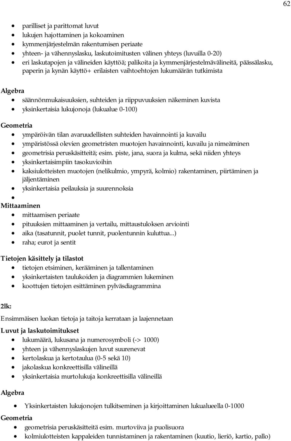 suhteiden ja riippuvuuksien näkeminen kuvista yksinkertaisia lukujonoja (lukualue 0-100) Geometria ympäröivän tilan avaruudellisten suhteiden havainnointi ja kuvailu ympäristössä olevien geometristen