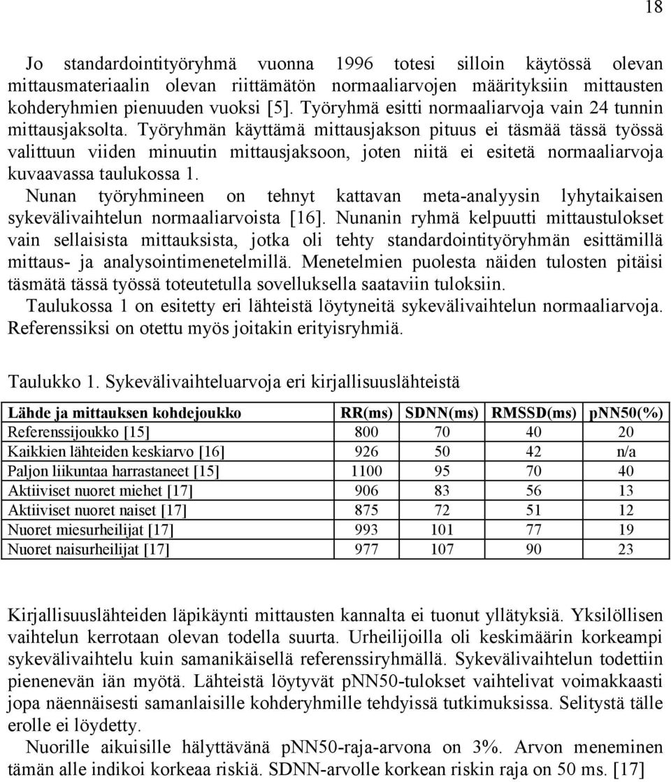 Työryhmän käyttämä mittausjakson pituus ei täsmää tässä työssä valittuun viiden minuutin mittausjaksoon, joten niitä ei esitetä normaaliarvoja kuvaavassa taulukossa 1.