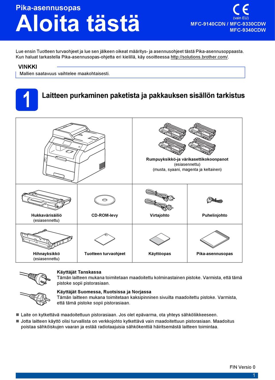 1 Litteen purkminen pketist j pkkuksen sisällön trkistus Rumpuyksikkö-j väriksettikokoonpnot (esisennettu) (must, syni, mgent j keltinen) Hukkvärisäiliö (esisennettu) CD-ROM-levy Virtjohto