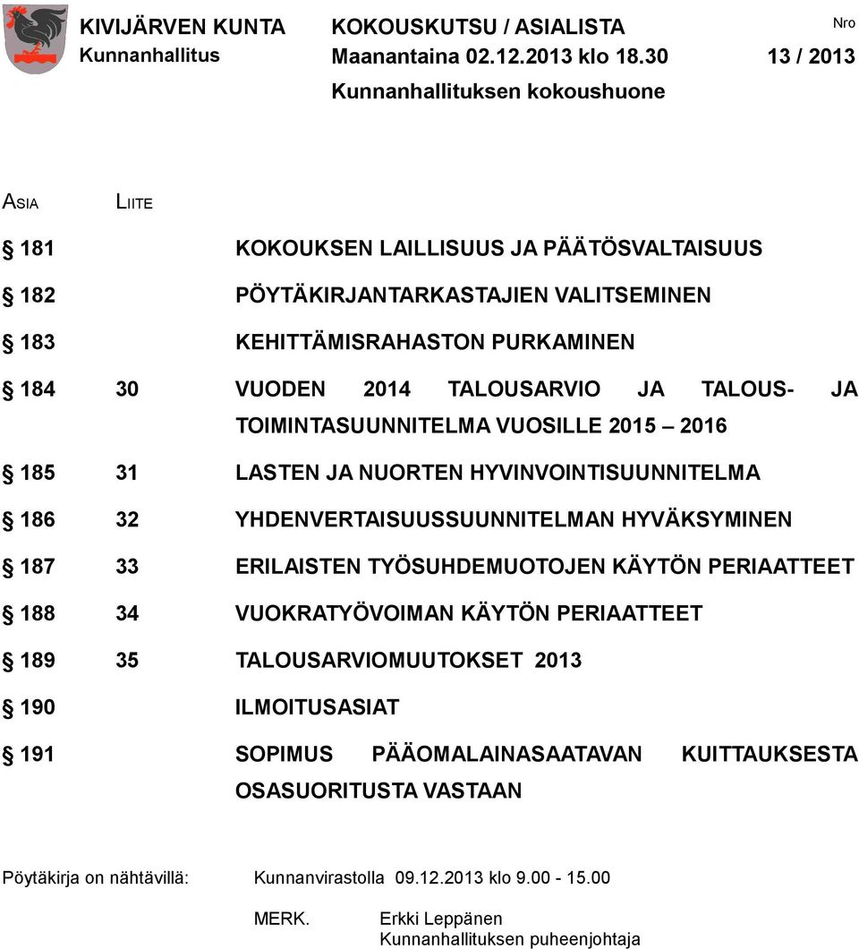 VUODEN 2014 TALOUSARVIO JA TALOUS- JA TOIMINTASUUNNITELMA VUOSILLE 2015 2016 185 31 LASTEN JA NUORTEN HYVINVOINTISUUNNITELMA 186 32 YHDENVERTAISUUSSUUNNITELMAN HYVÄKSYMINEN 187 33