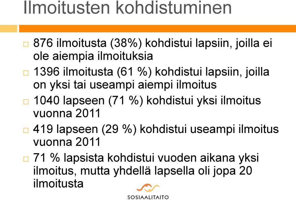 (71 %) kohdistui yksi ilmoitus vuonna 2011 419 lapseen (29 %) kohdistui useampi ilmoitus vuonna