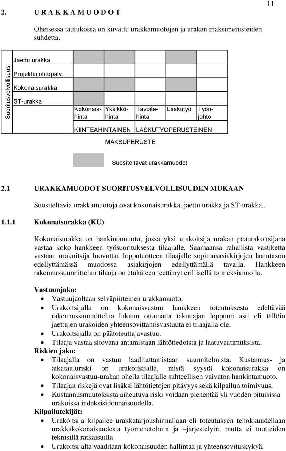 1 URAKKAMUODOT SUORITUSVELVOLLISUUDEN MUKAAN Suositeltavia urakkamuotoja ovat kokonaisurakka, jaettu urakka ja ST-urakka.. 1.1.1 Kokonaisurakka (KU) Kokonaisurakka on hankintamuoto, jossa yksi urakoitsija urakan pääurakoitsijana vastaa koko hankkeen työsuorituksesta tilaajalle.