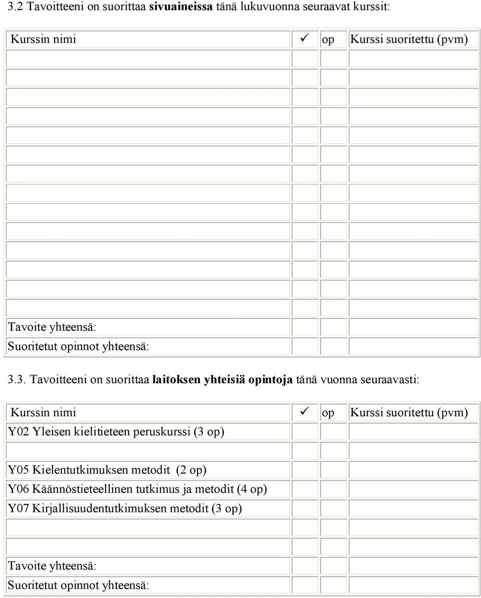 3. Tavoitteeni on suorittaa laitoksen yhteisiä opintoja tänä vuonna seuraavasti: Kurssin nimi op Kurssi