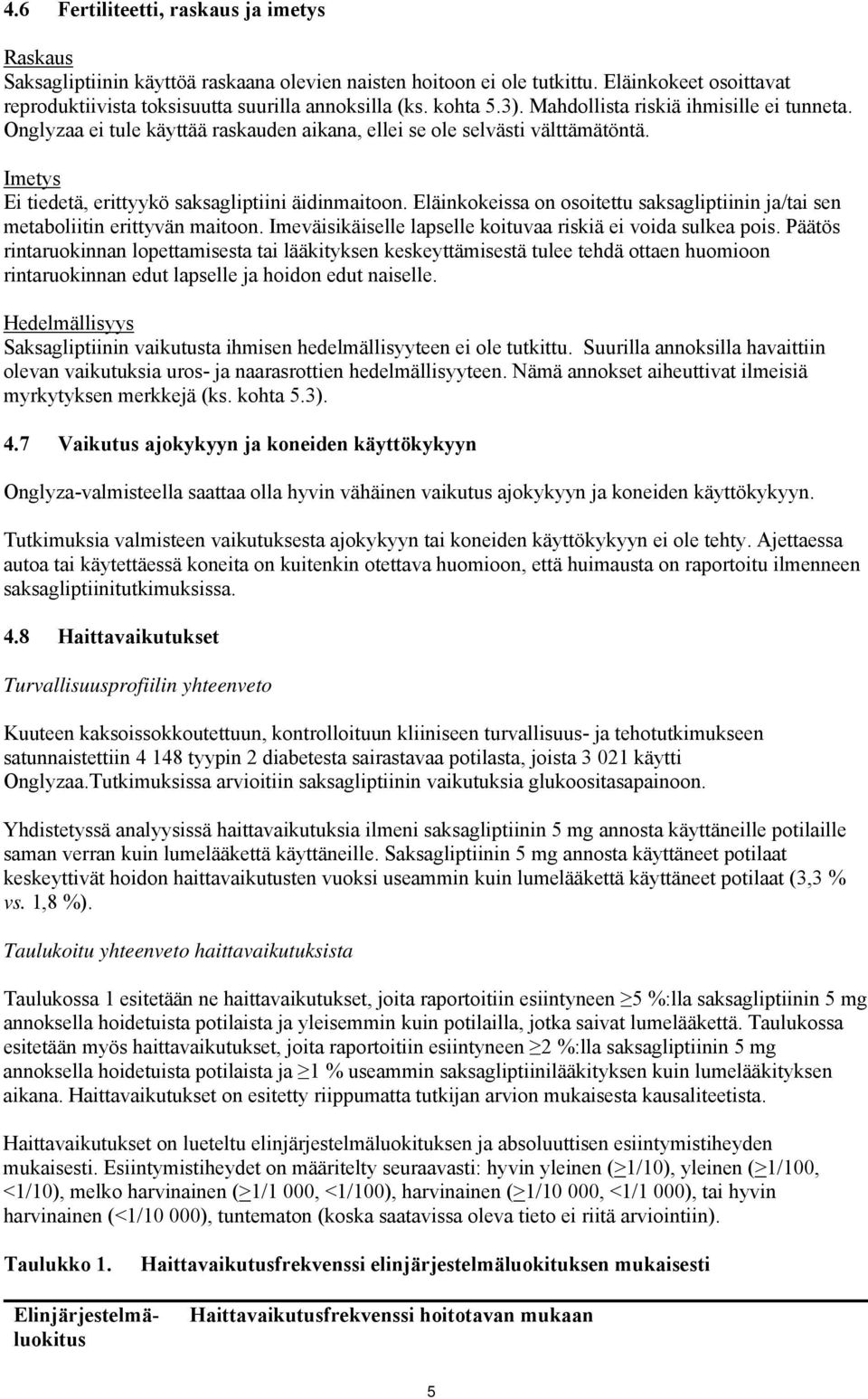 Eläinkokeissa on osoitettu saksagliptiinin ja/tai sen metaboliitin erittyvän maitoon. Imeväisikäiselle lapselle koituvaa riskiä ei voida sulkea pois.