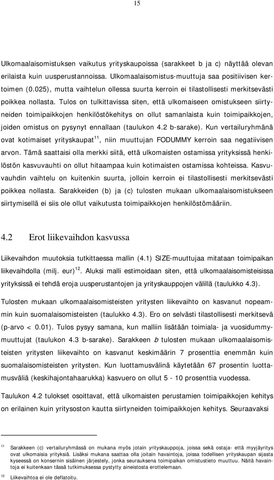 Tulos on tulkittavissa siten, että ulkomaiseen omistukseen siirtyneiden toimipaikkojen henkilöstökehitys on ollut samanlaista kuin toimipaikkojen, joiden omistus on pysynyt ennallaan (taulukon 4.