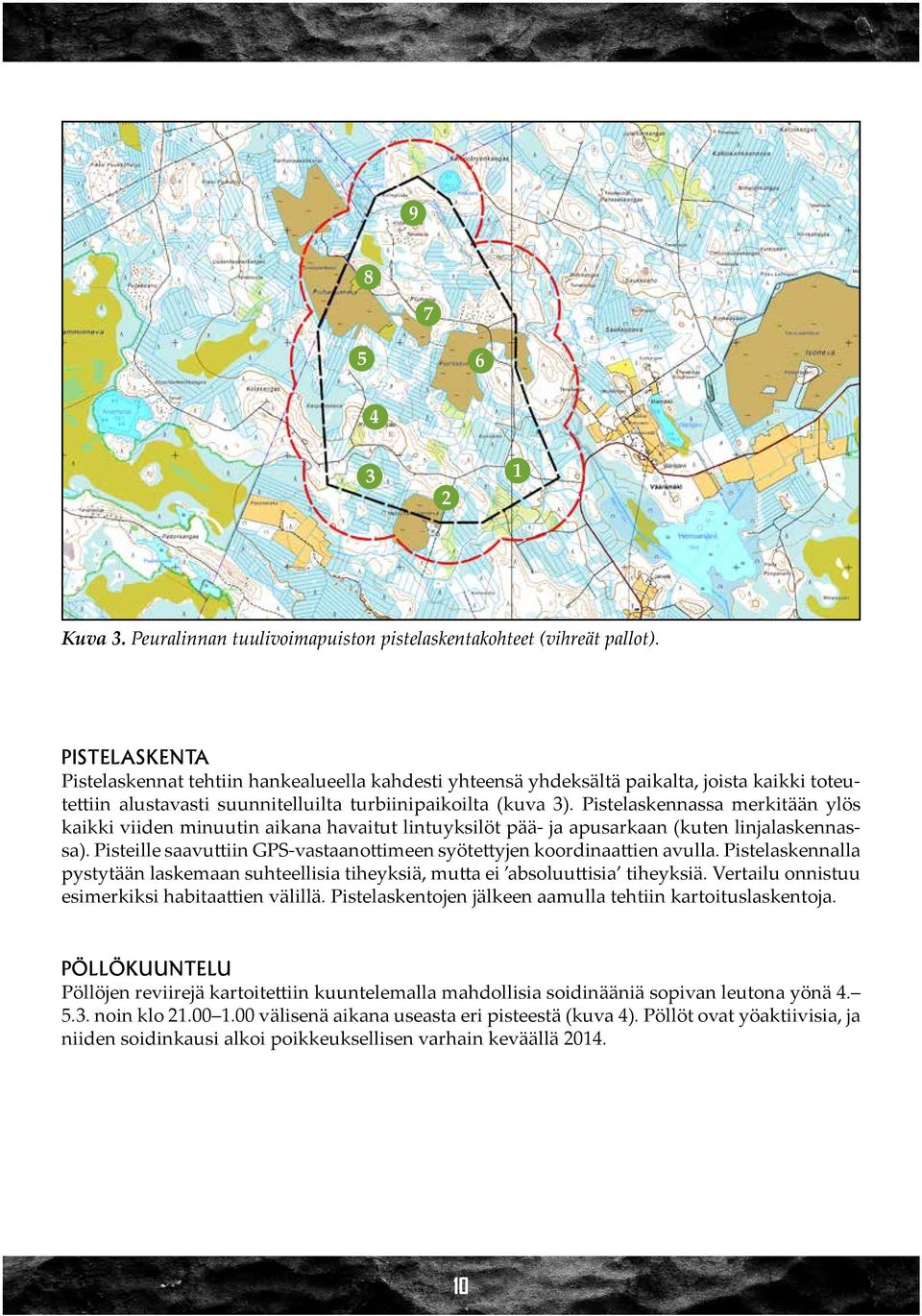 Pistelaskennassa merkitään ylös kaikki viiden minuutin aikana havaitut lintuyksilöt pää- ja apusarkaan (kuten linjalaskennassa).