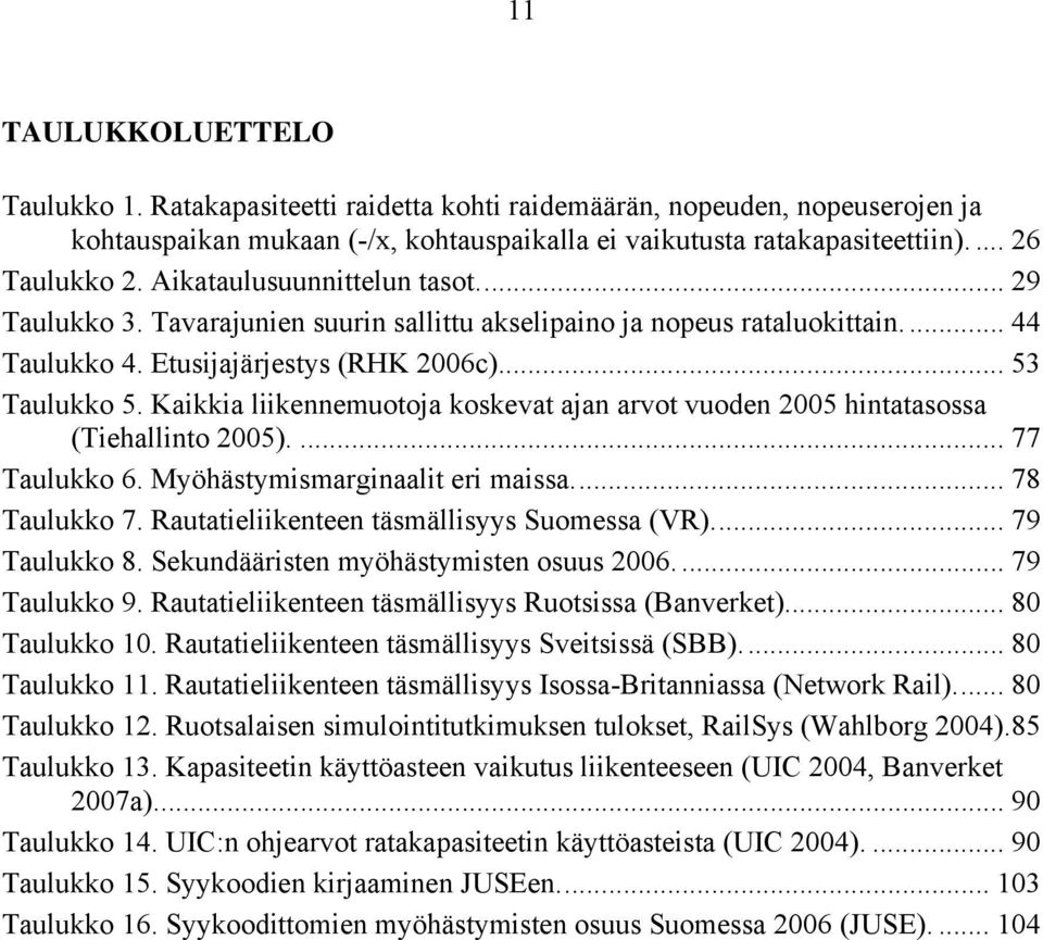 Kaikkia liikennemuotoja koskevat ajan arvot vuoden 2005 hintatasossa (Tiehallinto 2005).... 77 Taulukko 6. Myöhästymismarginaalit eri maissa.... 78 Taulukko 7.