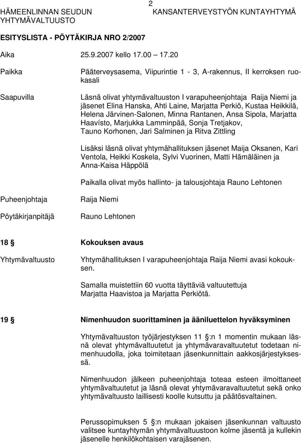 Perkiö, Kustaa Heikkilä, Helena Järvinen-Salonen, Minna Rantanen, Ansa Sipola, Marjatta Haavísto, Marjukka Lamminpää, Sonja Tretjakov, Tauno Korhonen, Jari Salminen ja Ritva Zittling Lisäksi läsnä