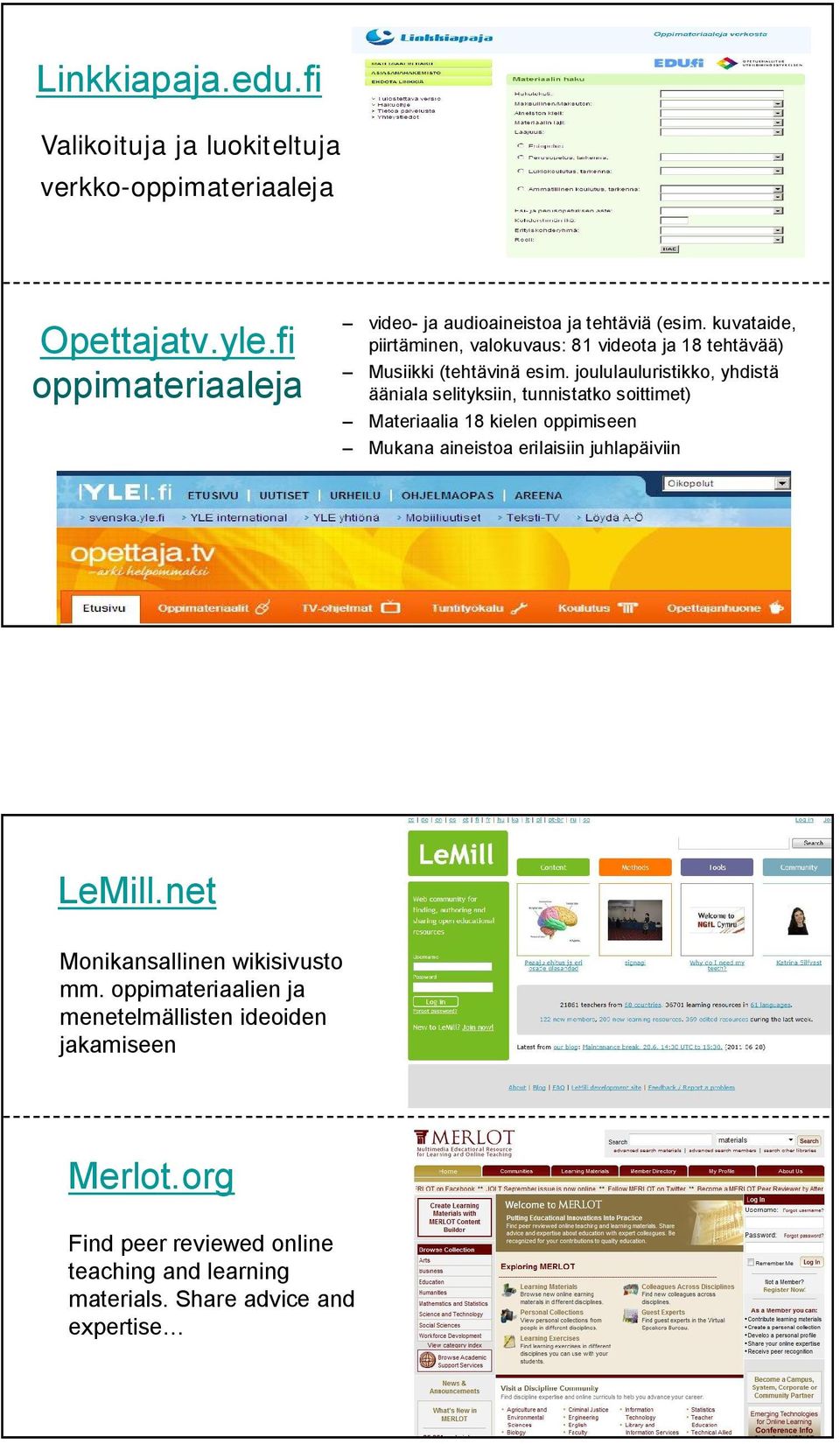 kuvataide, piirtäminen, valokuvaus: 81 videota ja 18 tehtävää) Musiikki (tehtävinä esim.