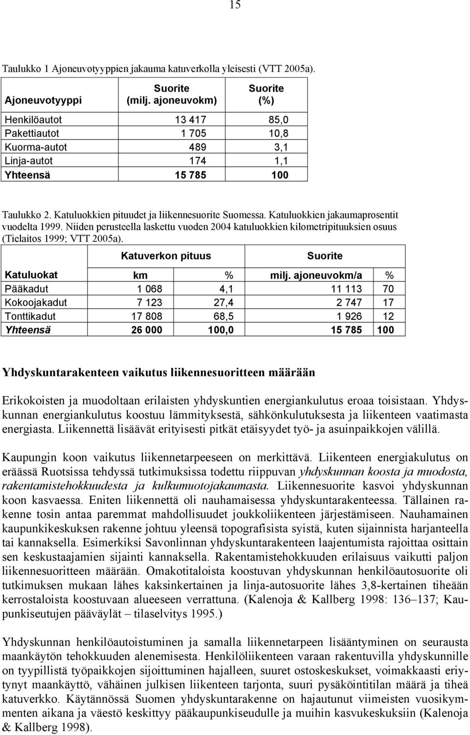 Katuluokkien jakaumaprosentit vuodelta 1999. Niiden perusteella laskettu vuoden 2004 katuluokkien kilometripituuksien osuus (Tielaitos 1999; VTT 2005a). Katuverkon pituus Suorite Katuluokat km % milj.