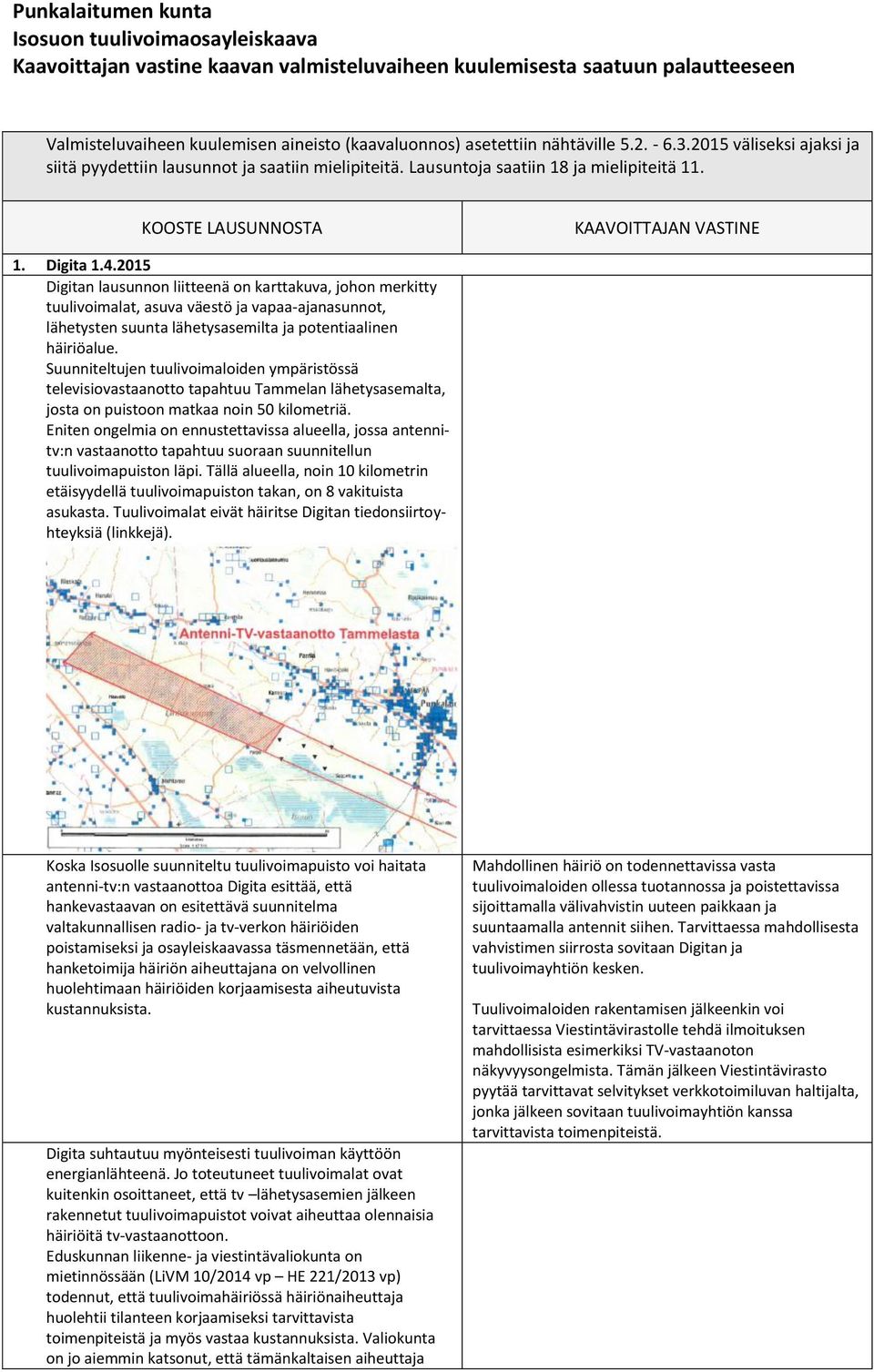 2015 Digitan lausunnon liitteenä on karttakuva, johon merkitty tuulivoimalat, asuva väestö ja vapaa-ajanasunnot, lähetysten suunta lähetysasemilta ja potentiaalinen häiriöalue.
