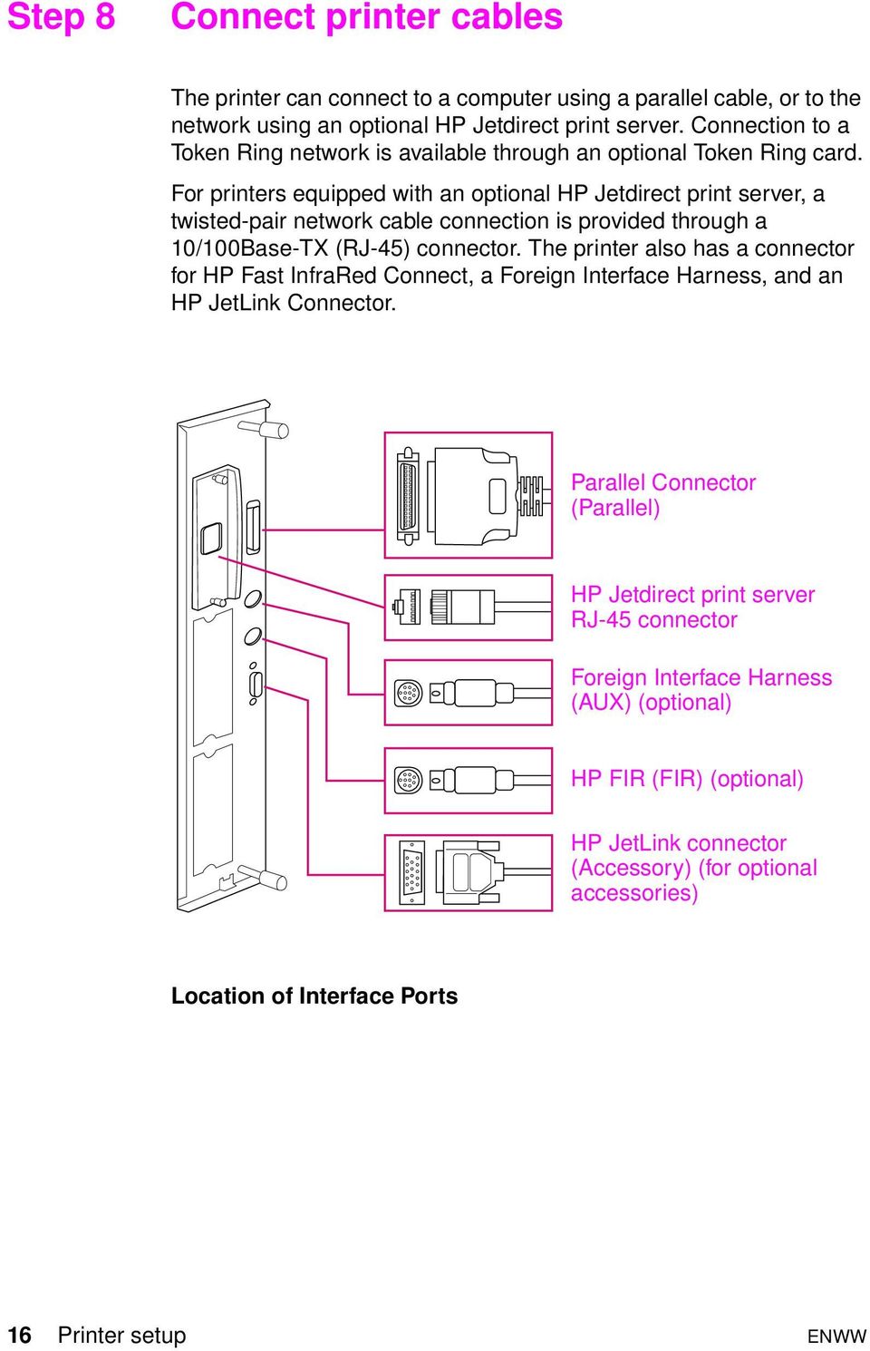 For printers equipped with an optional HP Jetdirect print server, a twisted-pair network cable connection is provided through a 10/100Base-TX (RJ-45) connector.