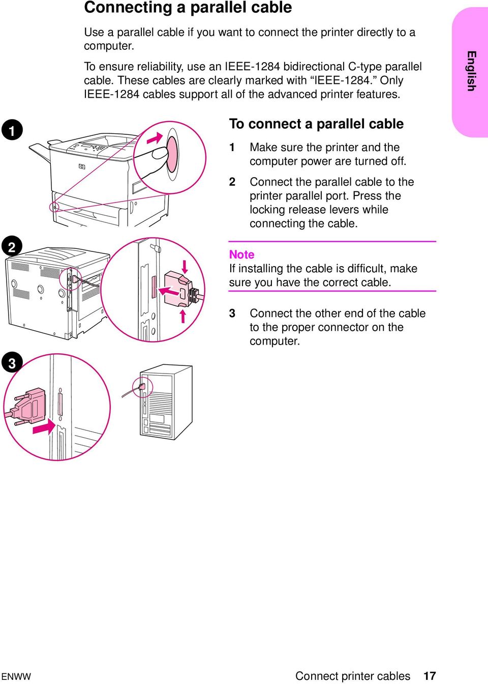 Only IEEE-1284 cables support all of the advanced printer features. English 1 2 3 To connect a parallel cable 1 Make sure the printer and the computer power are turned off.