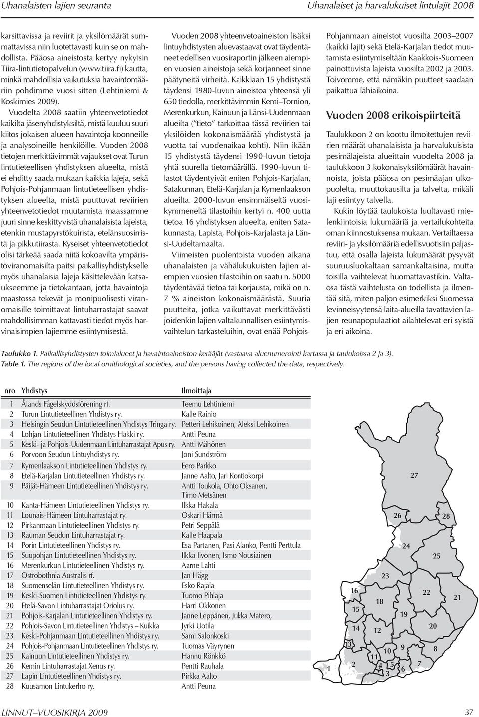 Vuodelta 28 saatiin yhteenvetotiedot kaikilta jäsenyhdistyksiltä, mistä kuuluu suuri kiitos jokaisen alueen havaintoja koonneille ja analysoineille henkilöille.