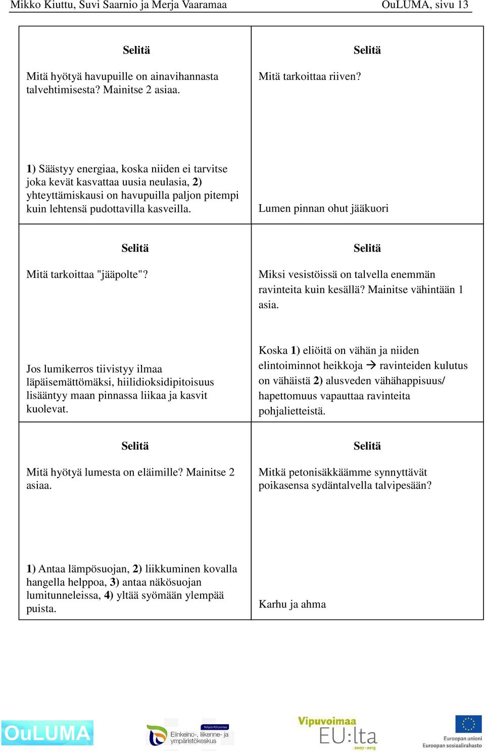 Lumen pinnan ohut jääkuori Mitä tarkoittaa "jääpolte"? Miksi vesistöissä on talvella enemmän ravinteita kuin kesällä? Mainitse vähintään 1 asia.