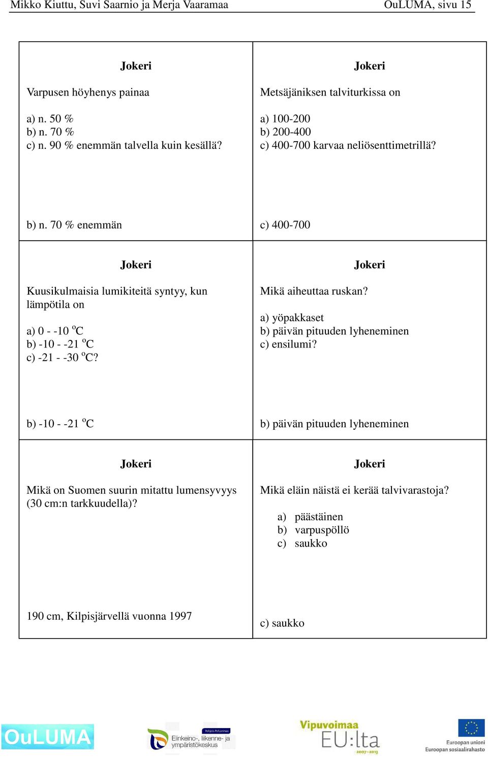 70 % enemmän c) 400-700 Kuusikulmaisia lumikiteitä syntyy, kun lämpötila on a) 0 - -10 o C b) -10 - -21 o C c) -21 - -30 o C? Mikä aiheuttaa ruskan?