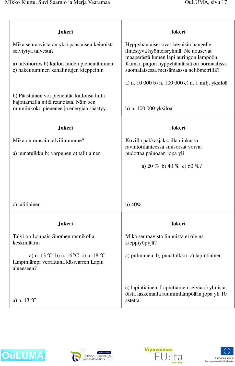 Kuinka paljon hyppyhäntäisiä on normaalissa suomalaisessa metsämaassa neliömetrillä? a) n. 10 000 b) n. 100 000 c) n. 1 milj.