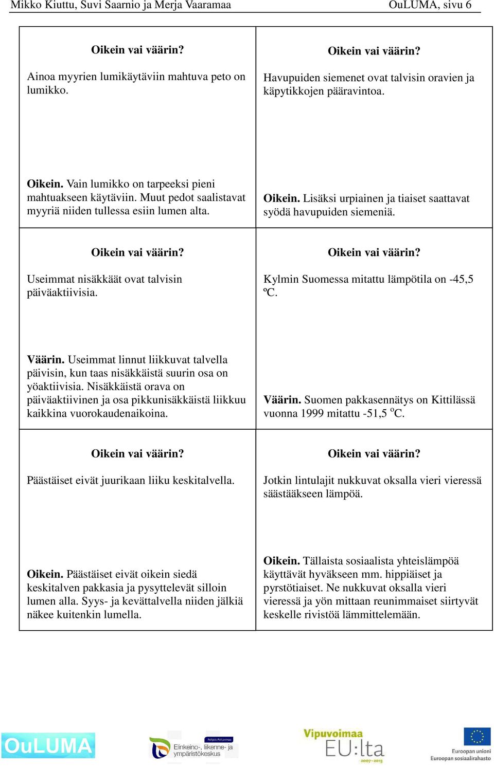 Useimmat nisäkkäät ovat talvisin päiväaktiivisia. Kylmin Suomessa mitattu lämpötila on -45,5 ºC. Väärin. Useimmat linnut liikkuvat talvella päivisin, kun taas nisäkkäistä suurin osa on yöaktiivisia.