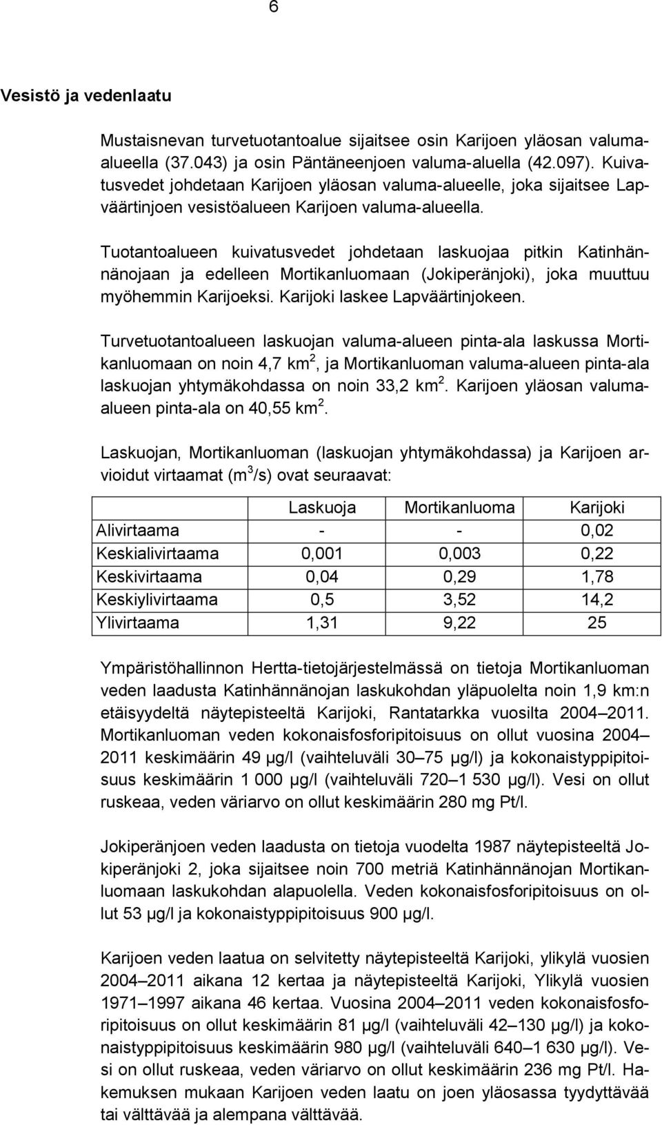 Tuotantoalueen kuivatusvedet johdetaan laskuojaa pitkin Katinhännänojaan ja edelleen Mortikanluomaan (Jokiperänjoki), joka muuttuu myöhemmin Karijoeksi. Karijoki laskee Lapväärtinjokeen.