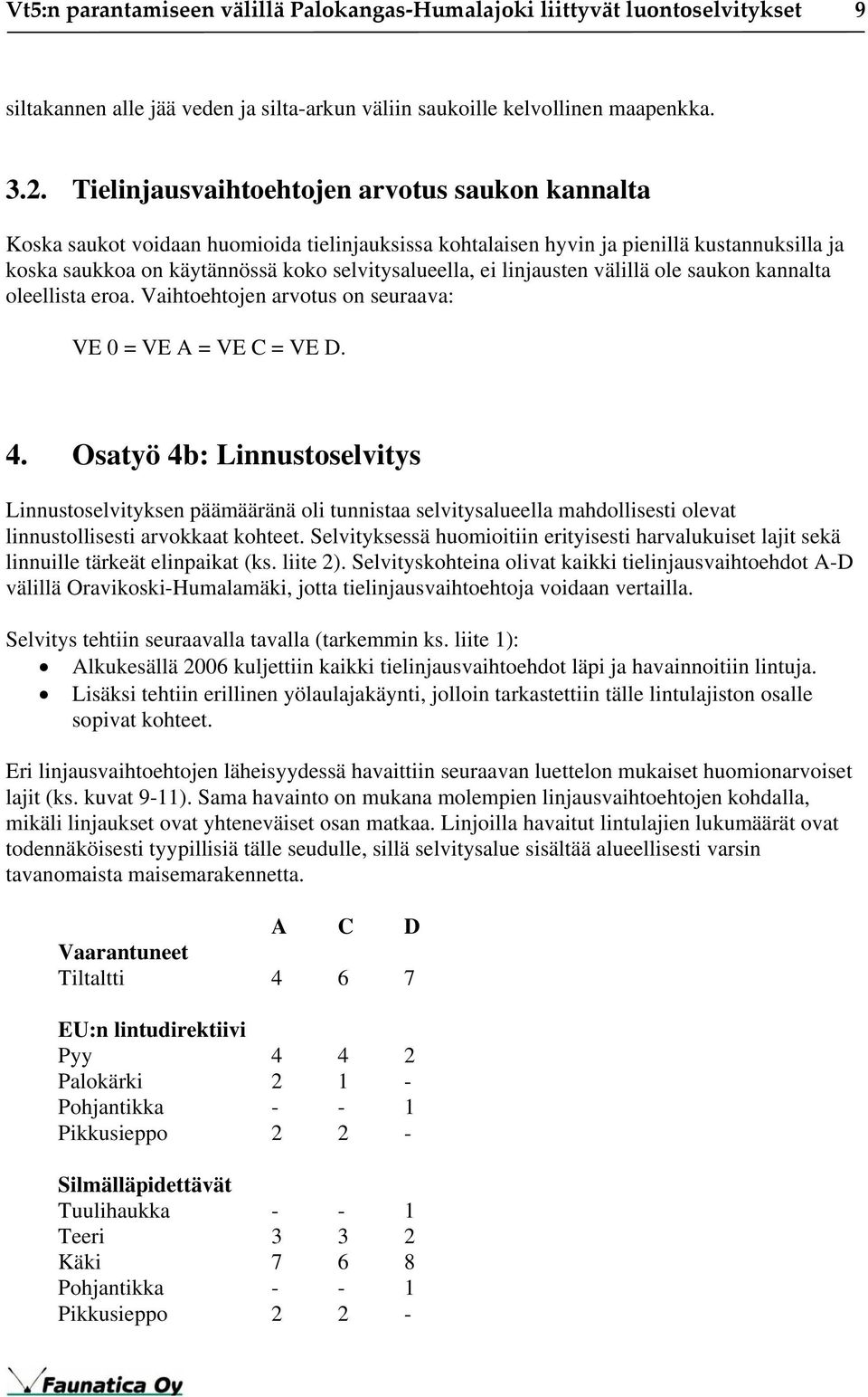 linjausten välillä ole saukon kannalta oleellista eroa. Vaihtoehtojen arvotus on seuraava: VE 0 = VE A = VE C = VE D. 4.