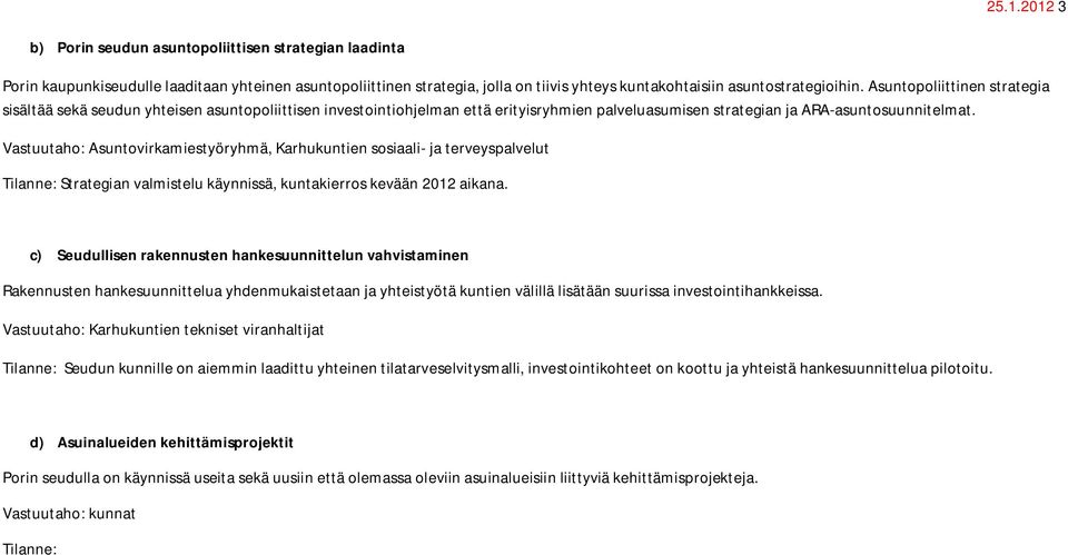 Vastuutaho: Asuntovirkamiestyöryhmä, Karhukuntien sosiaali- ja terveyspalvelut Tilanne: Strategian valmistelu käynnissä, kuntakierros kevään 2012 aikana.