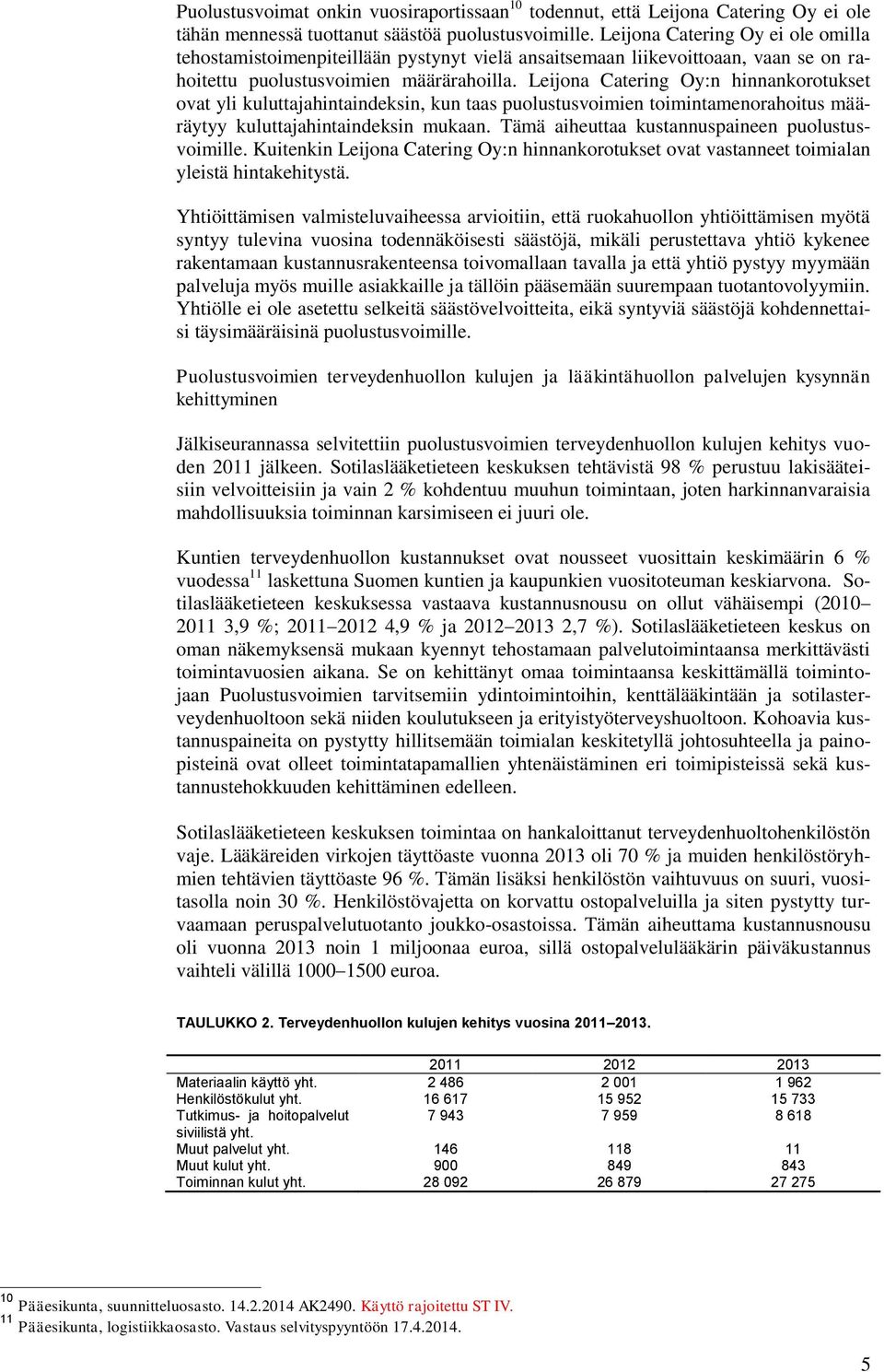 Leijona Catering Oy:n hinnankorotukset ovat yli kuluttajahintaindeksin, kun taas puolustusvoimien toimintamenorahoitus määräytyy kuluttajahintaindeksin mukaan.