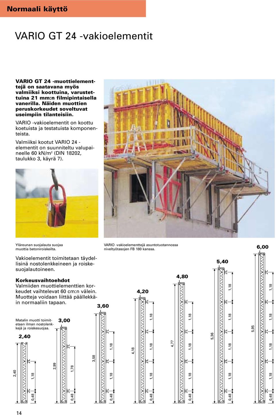 Valmiiksi kootut VARIO 24 - elementit on suunniteltu valupaineelle 60 kn/m 2 (DIN 18202, taulukko 3, käyrä 7). Yläreunan suojalauta suojaa muottia betoniroiskeilta.