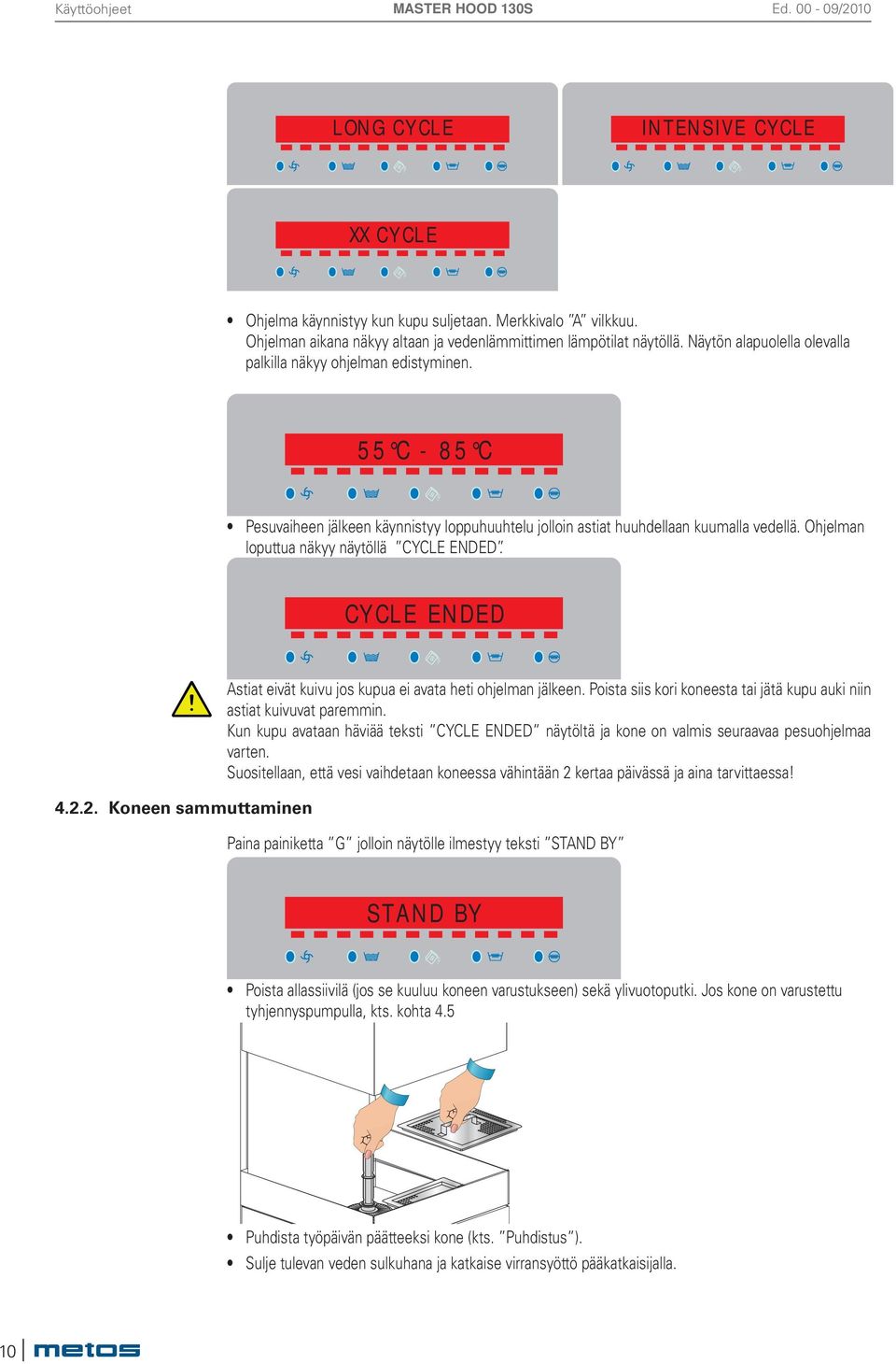 Ohjelman loputtua näkyy näytöllä CYCLE ENDED. CYCLE ENDED 4.2.2. Koneen sammuttaminen Astiat eivät kuivu jos kupua ei avata heti ohjelman jälkeen.