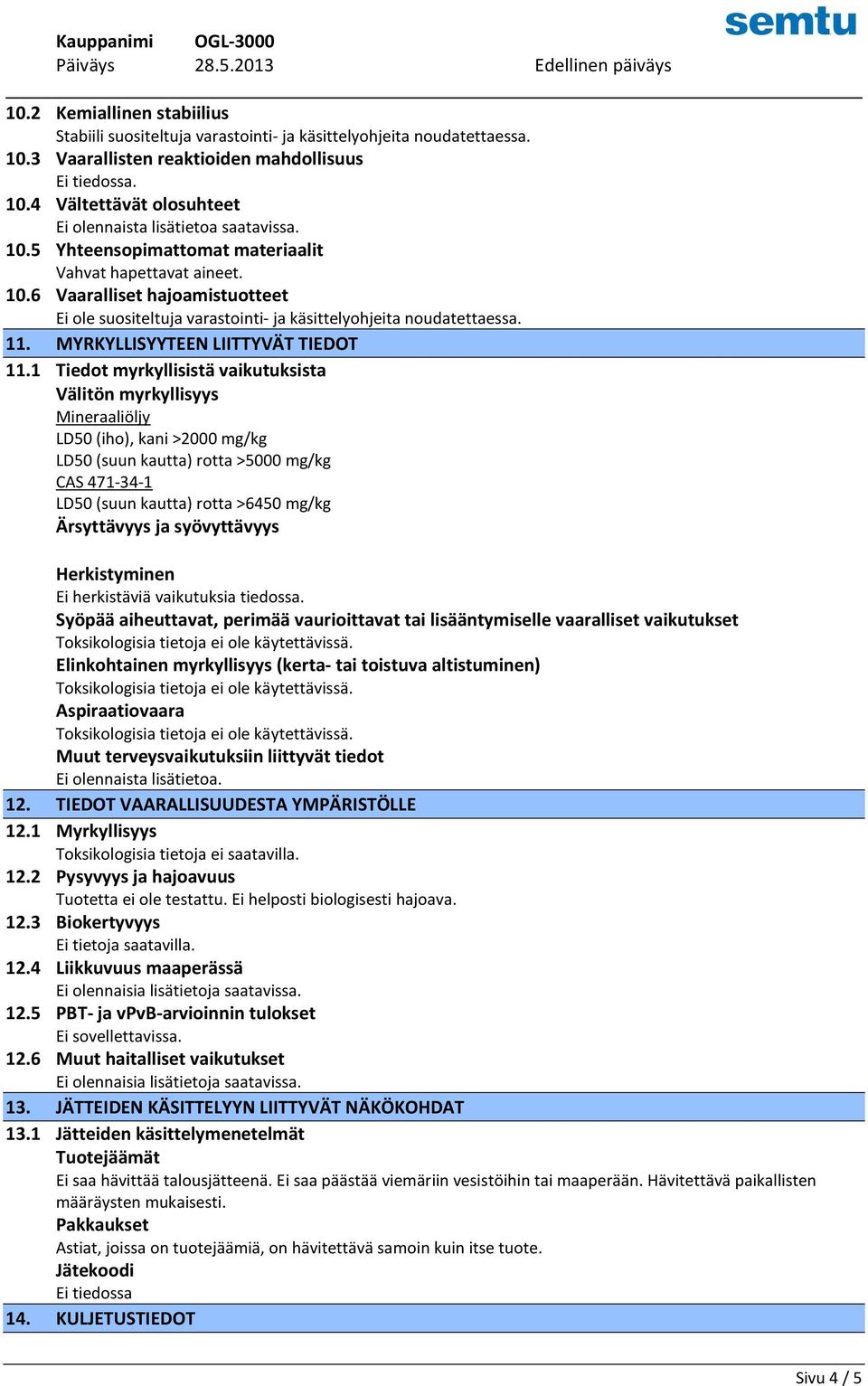 1 Tiedot myrkyllisistä vaikutuksista Välitön myrkyllisyys Mineraaliöljy LD50 (iho), kani >2000 mg/kg LD50 (suun kautta) rotta >5000 mg/kg CAS 471-34-1 LD50 (suun kautta) rotta >6450 mg/kg Ärsyttävyys