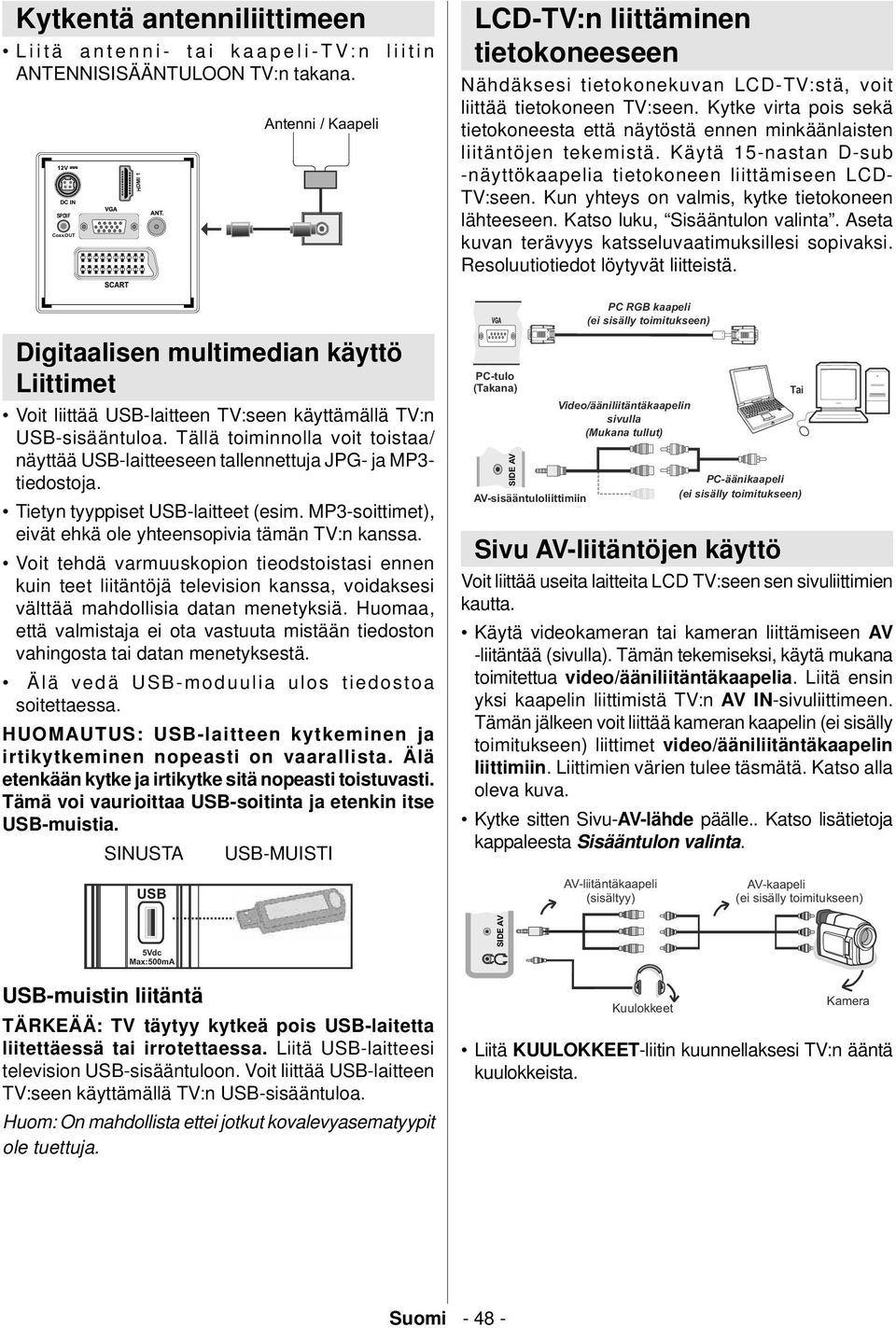 Tällä toiminnolla voit toistaa/ näyttää USB-laitteeseen tallennettuja JPG- ja MP3- tiedostoja. Tietyn tyyppiset USB-laitteet (esim. MP3-soittimet), eivät ehkä ole yhteensopivia tämän TV:n kanssa.