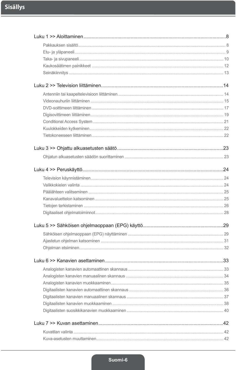 .. 21 Kuulokkeiden kytkeminen... 22 Tietokoneeseen liittäminen... 22 Luku 3 >> Ohjattu alkuasetusten säätö...23 Ohjatun alkuasetusten säädön suorittaminen... 23 Luku 4 >> Peruskäyttö.