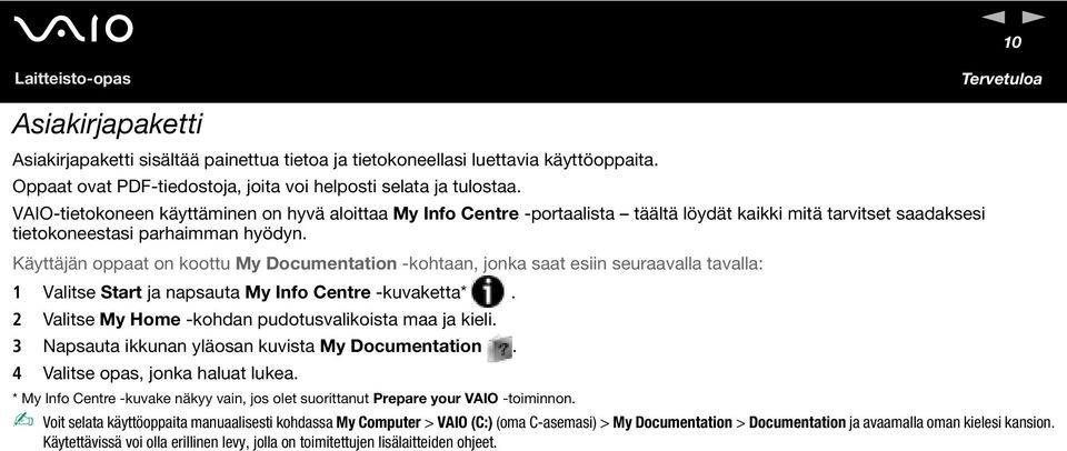 Käyttäjän oppaat on koottu My Documentation -kohtaan, jonka saat esiin seuraavalla tavalla: 1 Valitse Start ja napsauta My Info Centre -kuvaketta*.