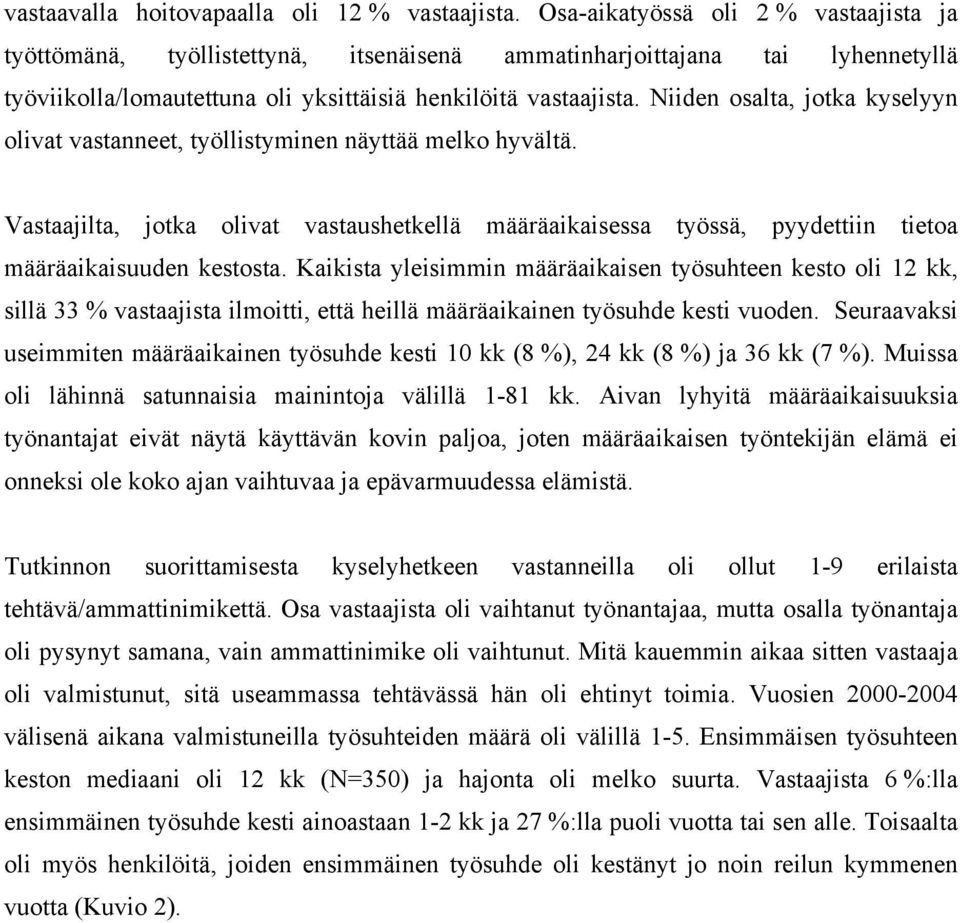 Niiden osalta, jotka kyselyyn olivat vastanneet, työllistyminen näyttää melko hyvältä. Vastaajilta, jotka olivat vastaushetkellä määräaikaisessa työssä, pyydettiin tietoa määräaikaisuuden kestosta.