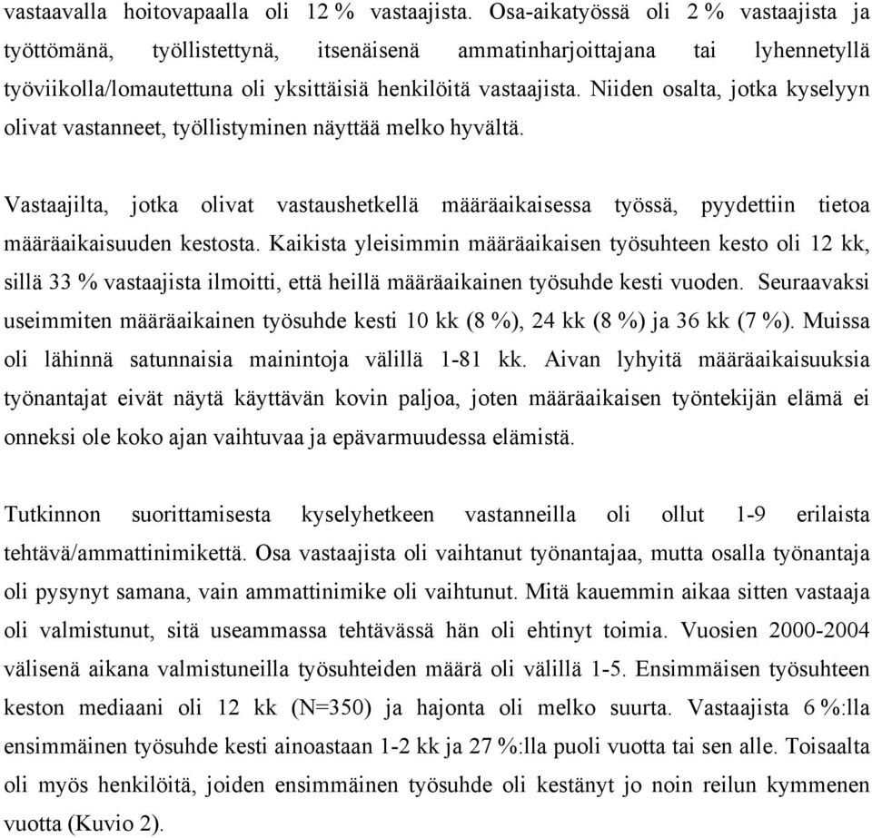 Niiden osalta, jotka kyselyyn olivat vastanneet, työllistyminen näyttää melko hyvältä. Vastaajilta, jotka olivat vastaushetkellä määräaikaisessa työssä, pyydettiin tietoa määräaikaisuuden kestosta.