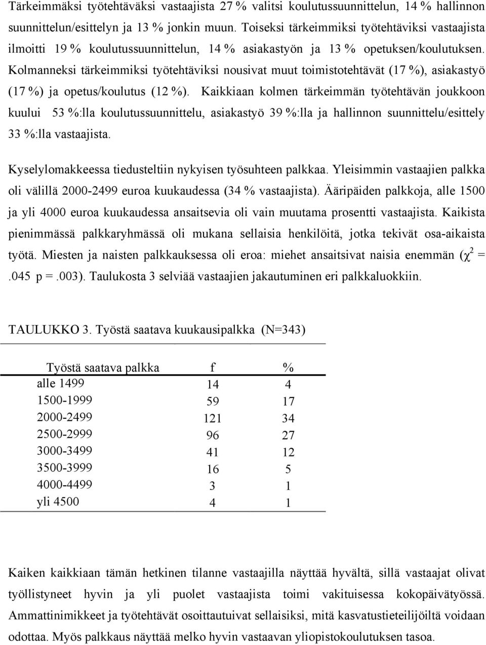 Kolmanneksi tärkeimmiksi työtehtäviksi nousivat muut toimistotehtävät (17 %), asiakastyö (17 %) ja opetus/koulutus (12 %).