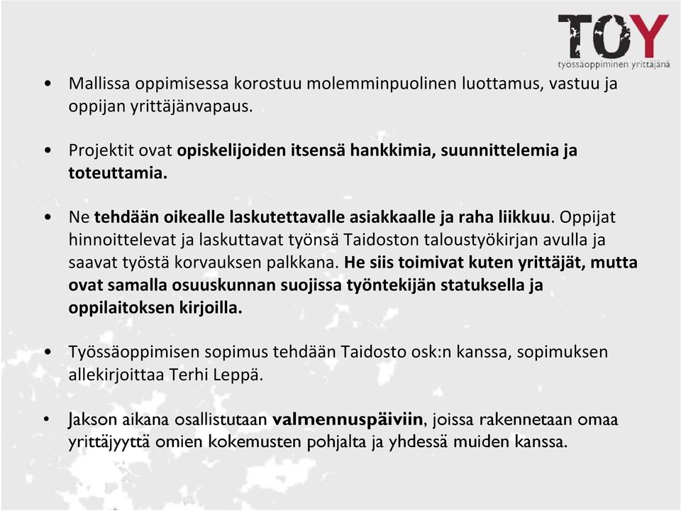 Oppijat hinnoittelevat ja laskuttavat työnsä Taidoston taloustyökirjan avulla ja saavat työstä korvauksen palkkana.