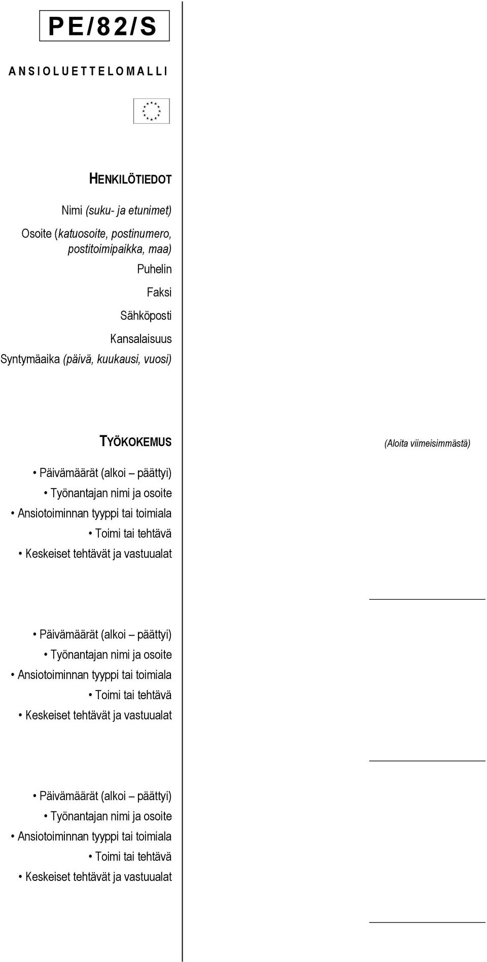 tyyppi tai toimiala Toimi tai tehtävä Keskeiset tehtävät ja vastuualat Työnantajan nimi ja osoite Ansiotoiminnan tyyppi tai toimiala Toimi tai