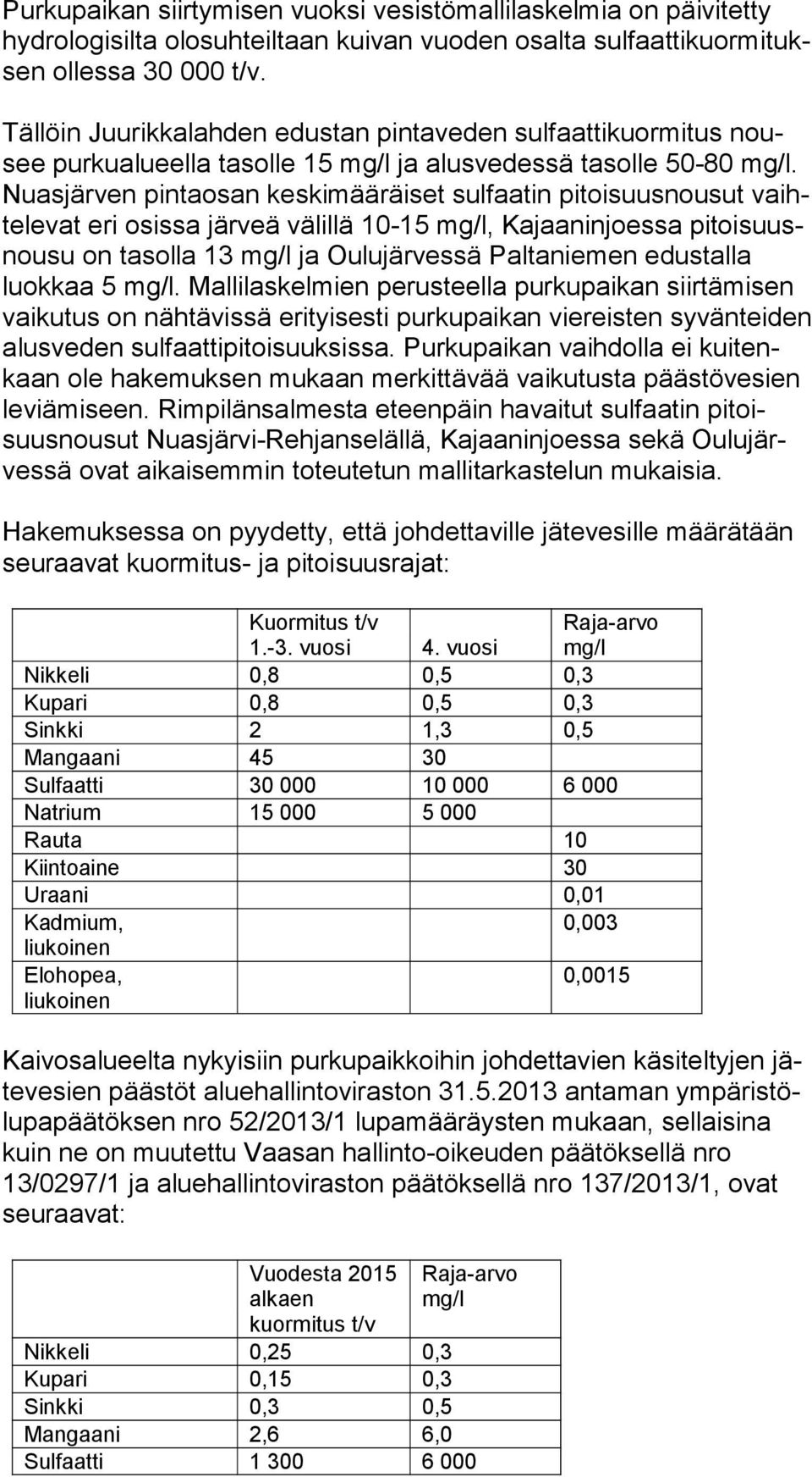 Nuas jär ven pintaosan keskimääräiset sulfaatin pitoisuusnousut vaihte le vat eri osissa järveä välillä 10-15 mg/l, Kajaaninjoessa pi toi suusnou su on tasolla 13 mg/l ja Oulujärvessä Paltaniemen