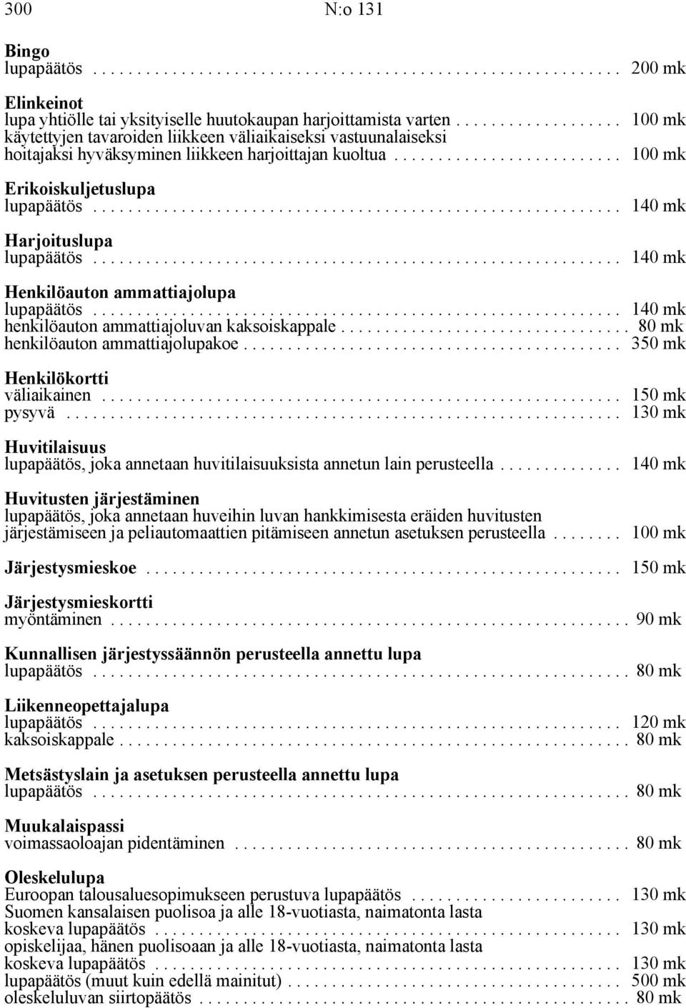 .. 200 mk 100 mk 100 mk 140 mk 140 mk Henkilöauton ammattiajolupa lupapäätös... 140 mk henkilöauton ammattiajoluvan kaksoiskappale... 80 mk henkilöauton ammattiajolupakoe.