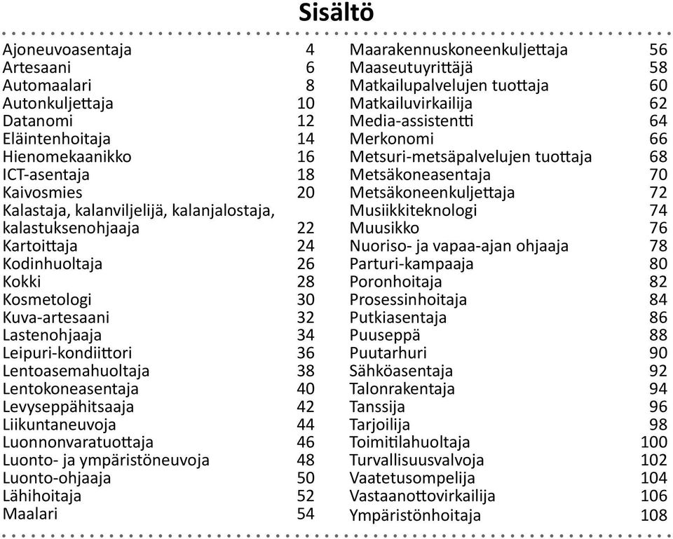 Liikuntaneuvoja 44 Luonnonvaratuottaja 46 Luonto- ja ympäristöneuvoja 48 Luonto-ohjaaja 50 Lähihoitaja 52 Maalari 54 Sisältö Maarakennuskoneenkuljettaja 56 Maaseutuyrittäjä 58 Matkailupalvelujen