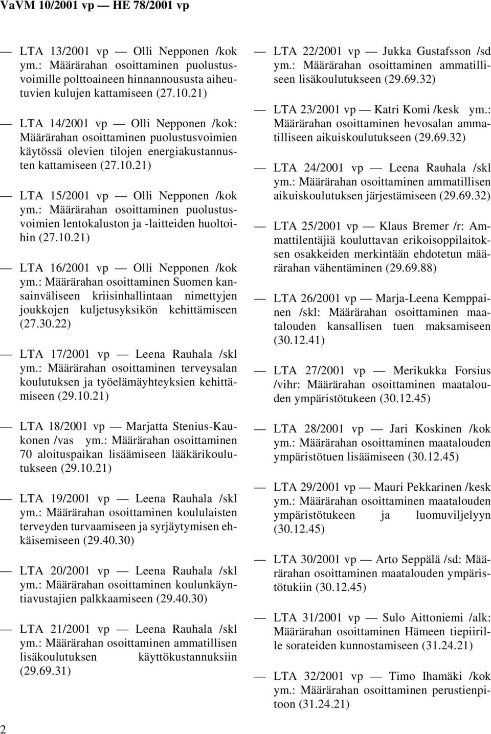 : Määrärahan osoittaminen puolustusvoimien lentokaluston ja -laitteiden huoltoihin (27.10.21) LTA 16/2001 vp Olli Nepponen /kok ym.