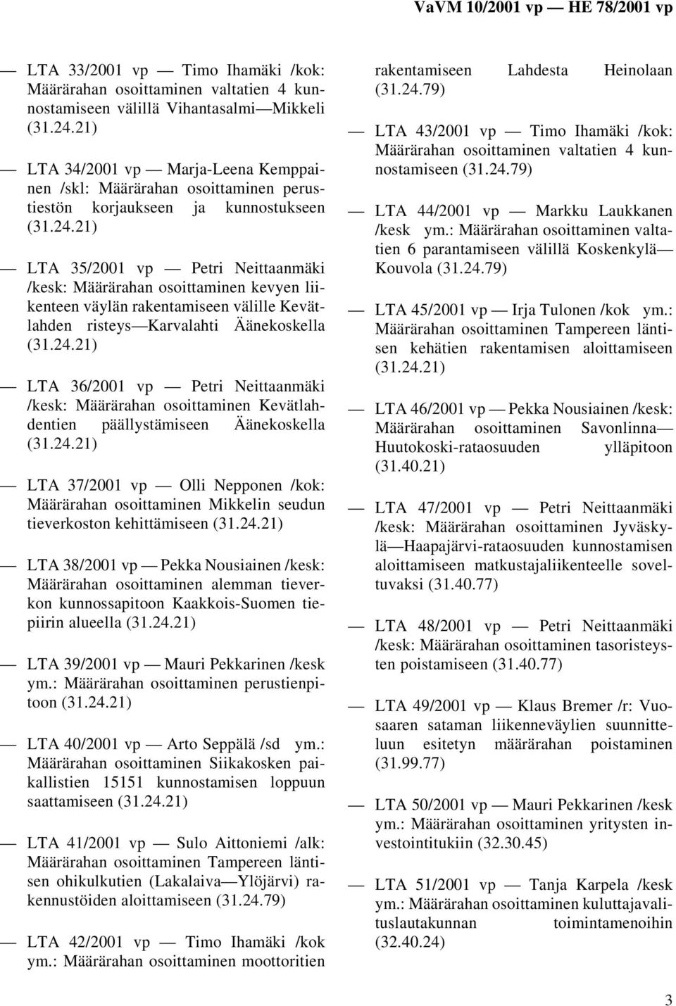 21) LTA 35/2001 vp Petri Neittaanmäki /kesk: Määrärahan osoittaminen kevyen liikenteen väylän rakentamiseen välille Kevätlahden risteys Karvalahti Äänekoskella (31.24.