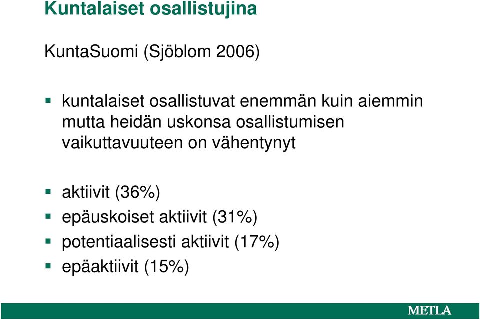 uskonsa osallistumisen vaikuttavuuteen on vähentynyt aktiivit