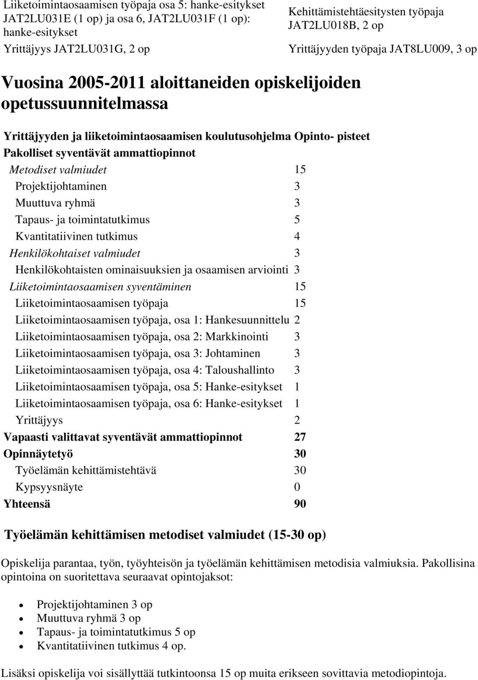 ammattiopinnot Metodiset valmiudet 15 Projektijohtaminen 3 Muuttuva ryhmä 3 Tapaus- ja toimintatutkimus 5 Kvantitatiivinen tutkimus 4 Henkilökohtaiset valmiudet 3 Henkilökohtaisten ominaisuuksien ja