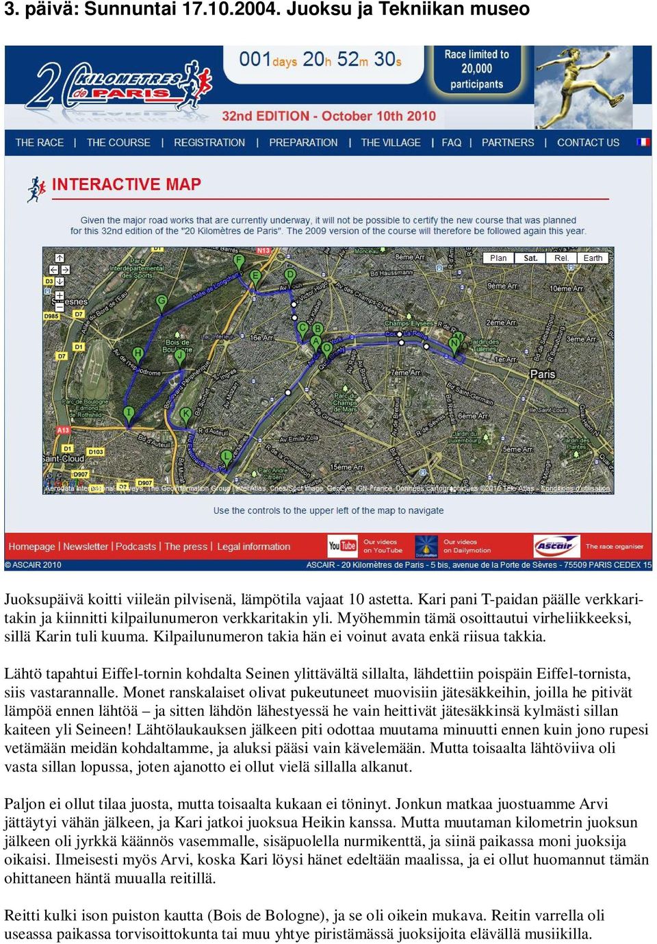Kilpailunumeron takia hän ei voinut avata enkä riisua takkia. Lähtö tapahtui Eiffel-tornin kohdalta Seinen ylittävältä sillalta, lähdettiin poispäin Eiffel-tornista, siis vastarannalle.