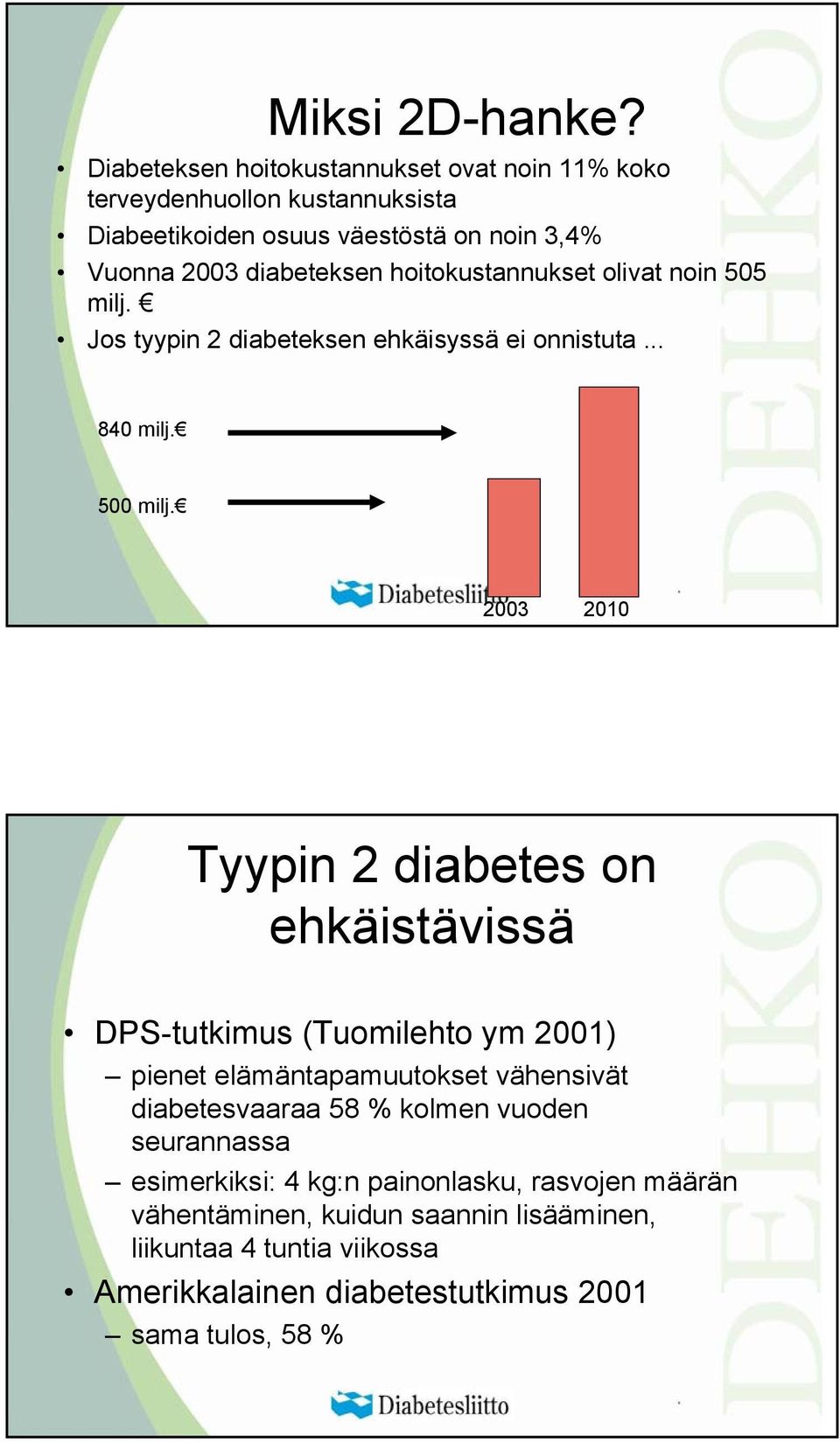 hoitokustannukset olivat noin 505 milj. Jos tyypin 2 diabeteksen ehkäisyssä ei onnistuta... 840 milj. 500 milj.