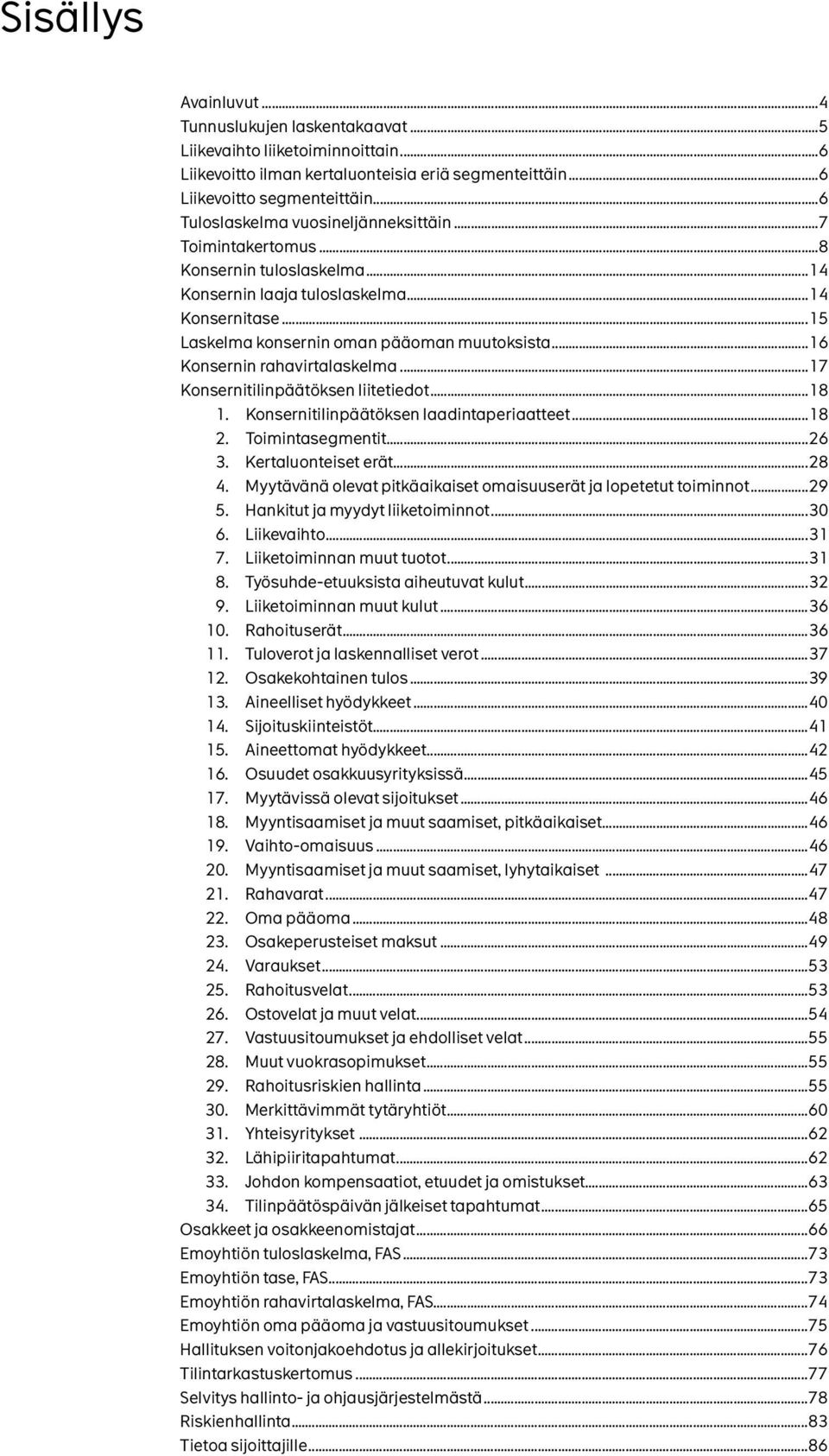 ..16 Konsernin rahavirtalaskelma...17 Konsernitilinpäätöksen liitetiedot...18 1. Konsernitilinpäätöksen laadintaperiaatteet...18 2. Toimintasegmentit...26 3. Kertaluonteiset erät...28 4.