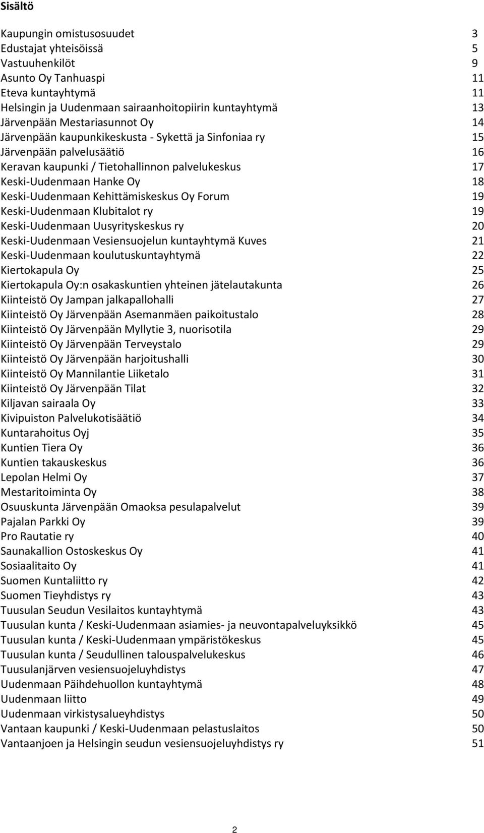 Keski-Uudenmaan Kehittämiskeskus Oy Forum 19 Keski-Uudenmaan Klubitalot ry 19 Keski-Uudenmaan Uusyrityskeskus ry 20 Keski-Uudenmaan Vesiensuojelun kuntayhtymä Kuves 21 Keski-Uudenmaan